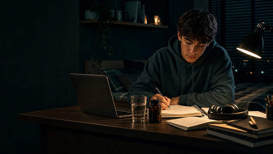 Teen studying at night with a calm focus and skin support routine