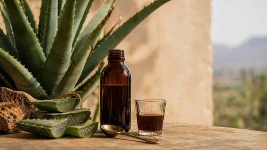 Aloe ferox tonic with cut aloe leaves and a measuring spoon on a warm South African apothecary counter