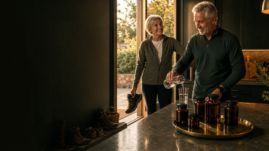 Active older couple moving independently through a warm home ritual