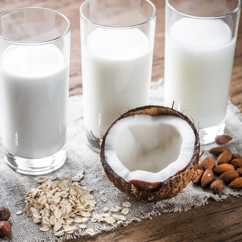 Selection of plant-based milk alternatives including oat, almond, and coconut varieties