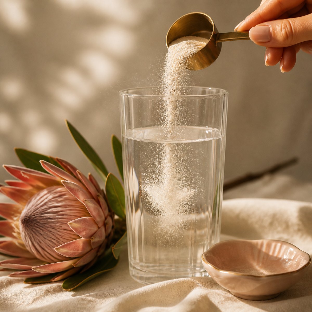 Collagen powder and protea still life