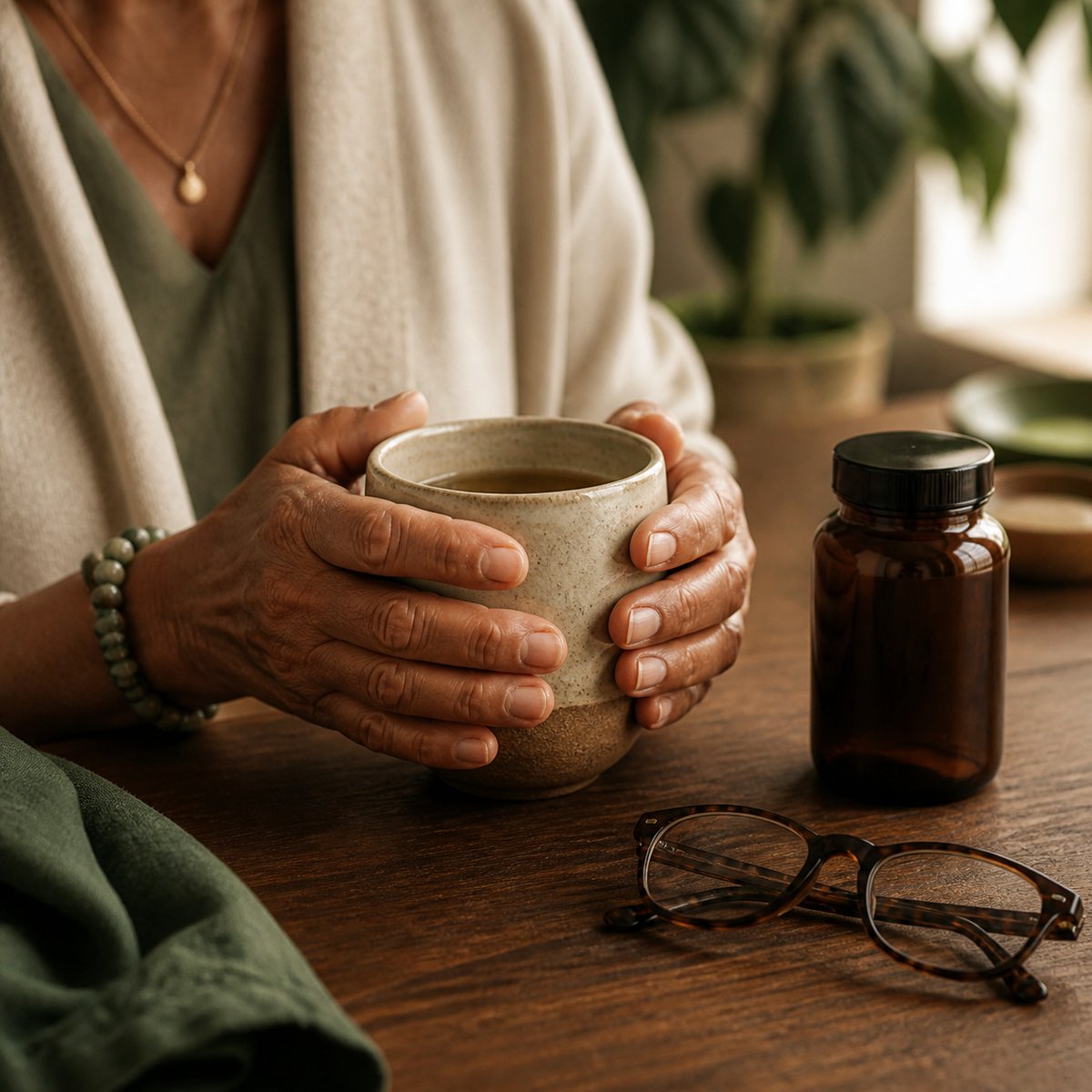 Warm herbal tea and blank supplement bottle