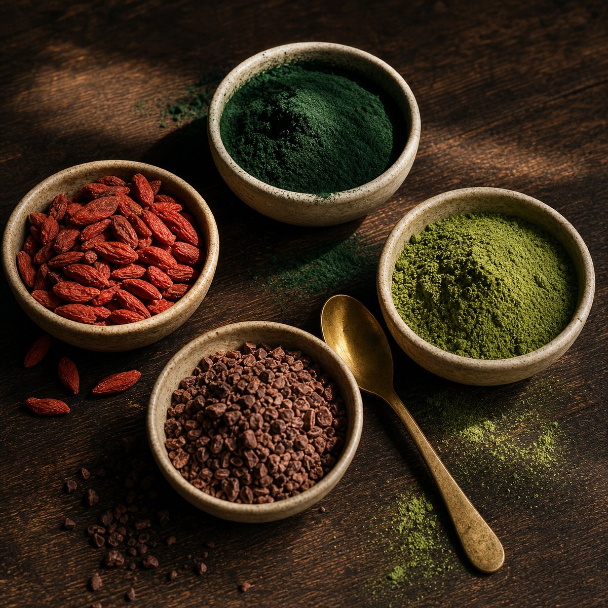 Superfood bowls on dark wood