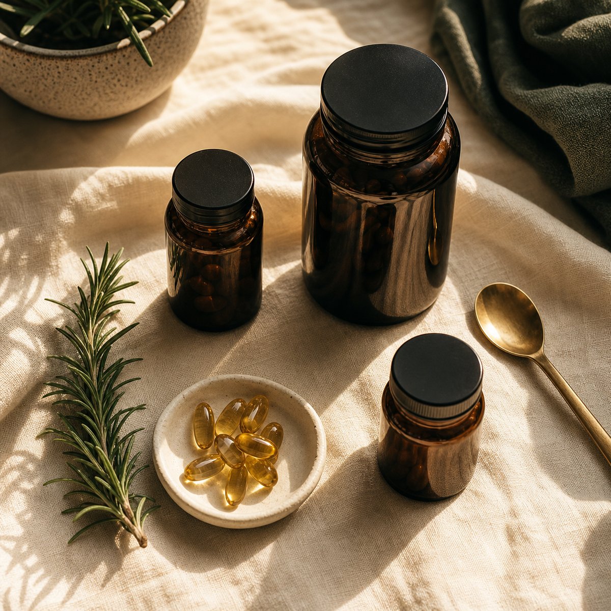 Daily supplement ritual on warm linen