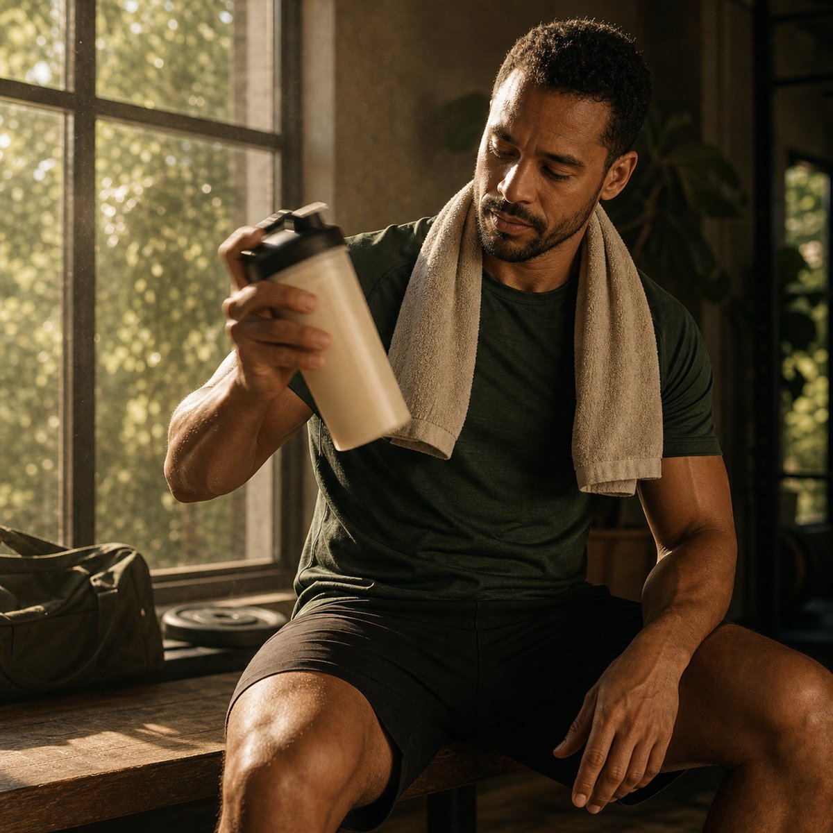 Sports nutrition routine in warm natural light