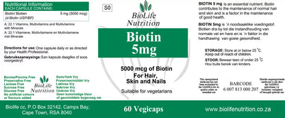 BIOLIFE NUTRITION - Biotin 5mg – 60 VegIcaps | One Life Health