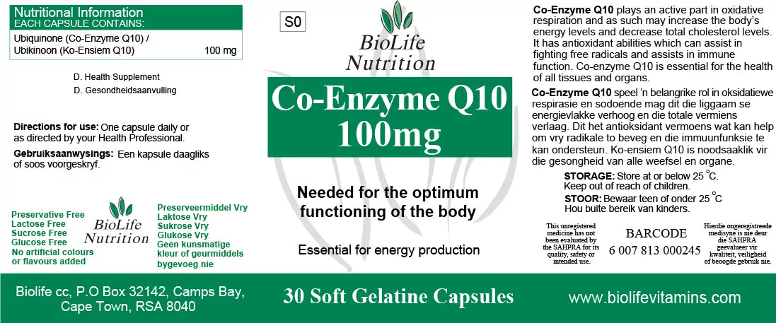 BIOLIFE NUTRITION - Co-EnzymeQ10 100mg - 30 Capsules | One Life Health