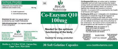 BIOLIFE NUTRITION - Co-EnzymeQ10 100mg - 30 Capsules | One Life Health