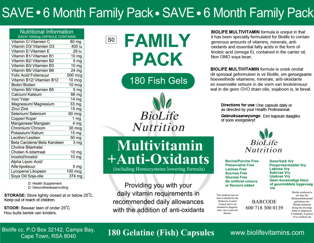 BIOLIFE NUTRITION - Multivitamin + Anti-Oxidants Family Pack - 180 Capsules | One Life Health
