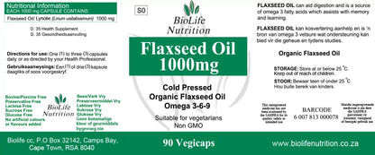 BIOLIFE NUTRITION - Organic Flaxseed Oil 1000mg - 90 Vegicaps | One Life Health