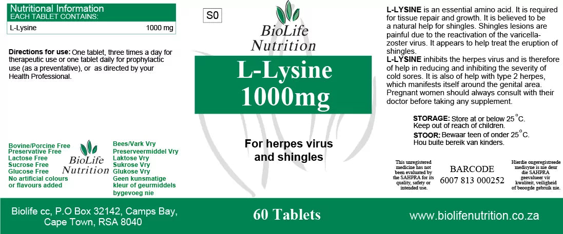 BIOLIFE NUTRITION - L-Lysine 1000mg – 60 Capsules | One Life Health