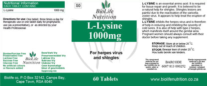 BIOLIFE NUTRITION - L-Lysine 1000mg – 60 Capsules | One Life Health