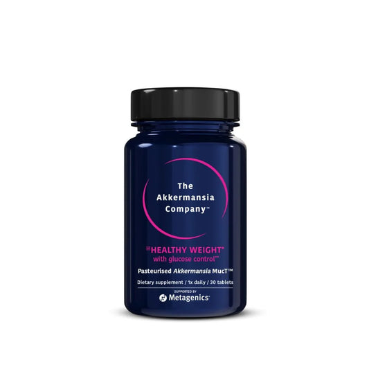 Metagenics Akkermansia MucT Healthy Weight supplement box with 30 tablets