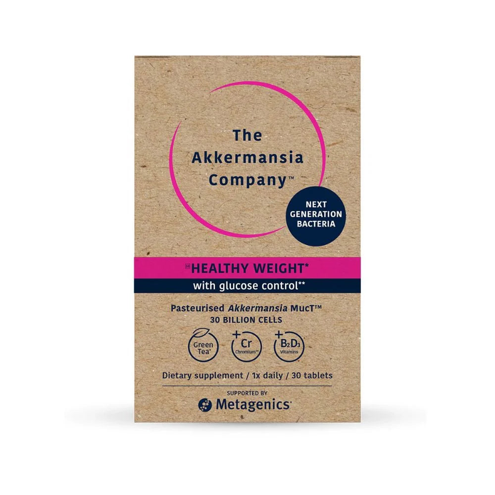 Metagenics Akkermansia MucT Healthy Weight supplement box with 30 tablets