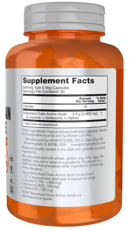 NOW® - Branched Chain Amino Acids - 120 Veg Capsules | One Life Health