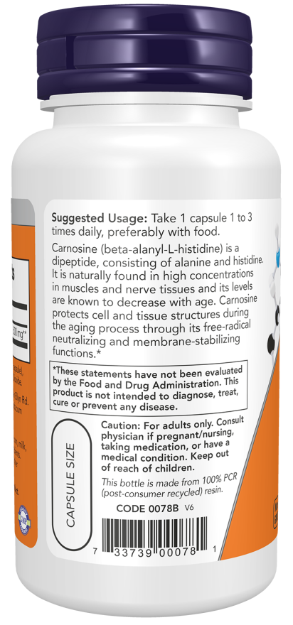 NOW® - L-Carnosine 500 mg - 50 Veg Capsules | One Life Health