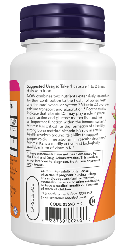 NOW® - Vitamin D-3 & K-2 - 120 Capsules | One Life Health