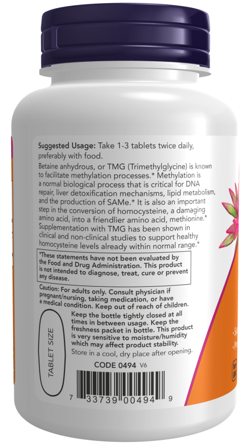 NOW® - TMG Betaine 1000 mg - 100 Tablets | One Life Health