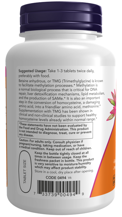 NOW® - TMG Betaine 1000 mg - 100 Tablets | One Life Health