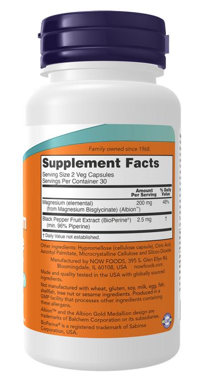 NOW® - Magnesium Glycinate with BioPerine® - 60 Veg Capsules | One Life Health