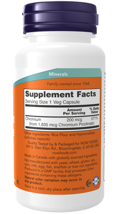 NOW® - Chromium Picolinate 200 mcg - 100 Veg Capsules | One Life Health