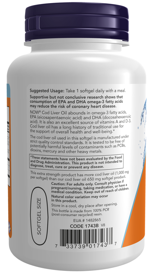 NOW® - Cod Liver Oil Extra Strength 1000 mg - 180 Veg Capsules | One Life Health