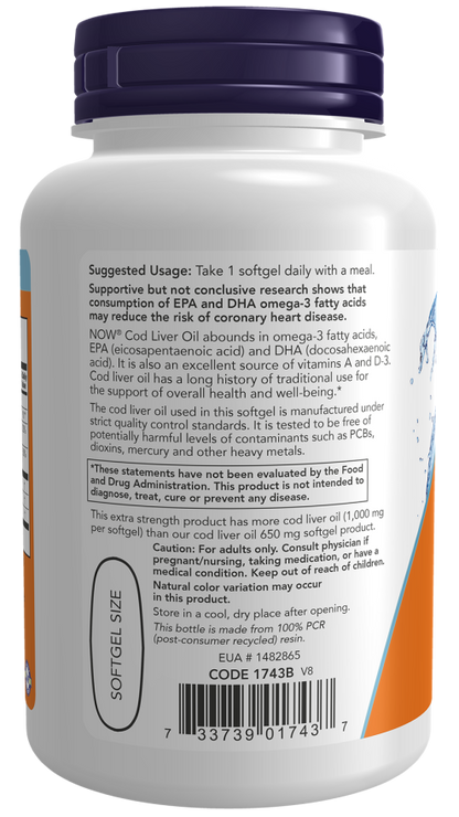 NOW® - Cod Liver Oil Extra Strength 1000 mg - 180 Veg Capsules | One Life Health