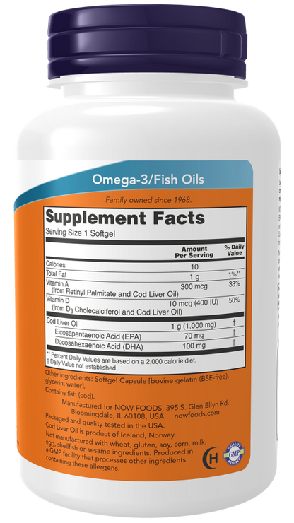 NOW® - Cod Liver Oil Extra Strength 1000 mg - 180 Veg Capsules | One Life Health
