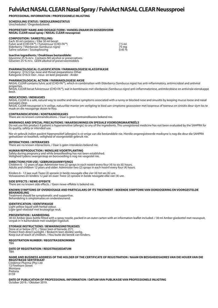 CREDENCE PHARMA - FulviAct Nasal Clear Spray - 30ml | One Life Health