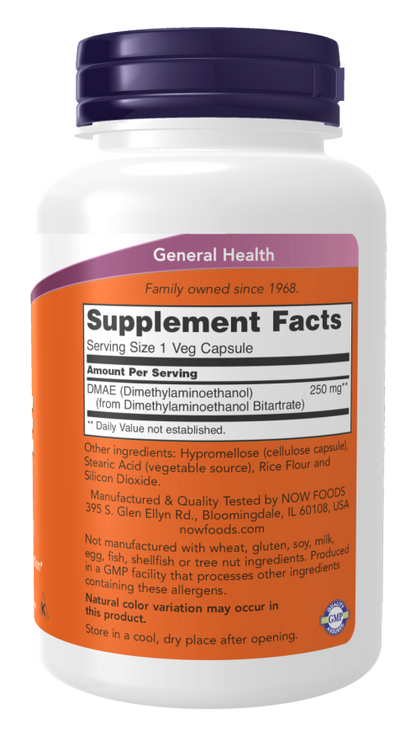 NOW® - DMAE 250 mg - 100 Veg Capsules | One Life Health