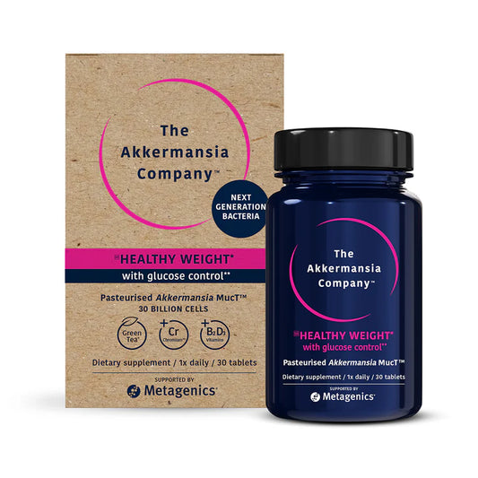 Metagenics Akkermansia MucT Healthy Weight supplement box with 30 tablets