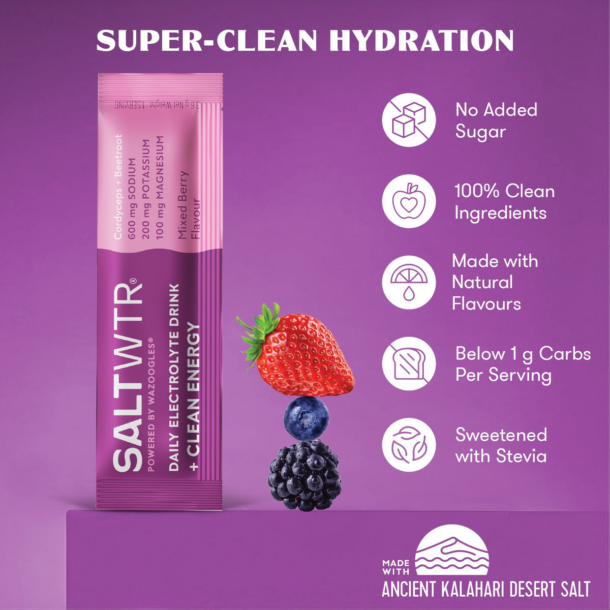 SALTWTR - Daily Electrolytes Mixed Berry Clean Energy - 3.6g Sachet | One Life Health