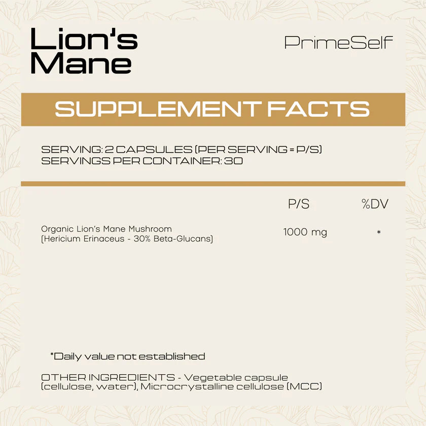 PRIMESELF - Lion's Mane - 60 Veg Capsules | One Life Health