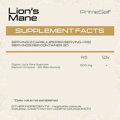 PRIMESELF - Lion's Mane - 60 Veg Capsules | One Life Health