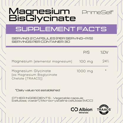 PRIMESELF - Magnesium BisGlycinate - 60 Veg Capsules
