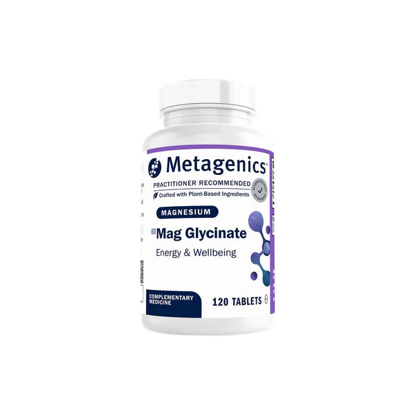 Metagenics Mag Glycinate 120 tablets bottle, magnesium bis-glycinate supplement