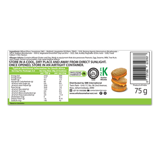 WHOLESOME HARVEST - Orange Cream Cookies No Sugar Added - 75g | One Life Health