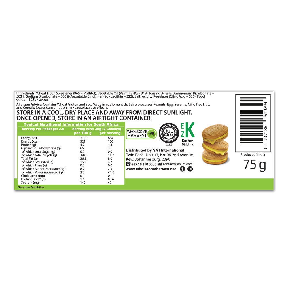WHOLESOME HARVEST - Pineapple Cream Cookies No Sugar Added - 75g | One Life Health