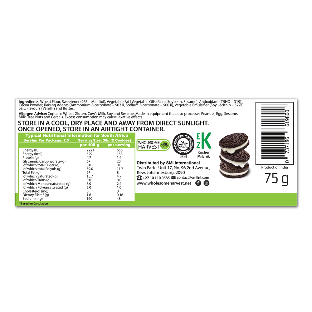 WHOLESOME HARVEST - Vanilla Cream Cookies No Sugar Added - 75g | One Life Health