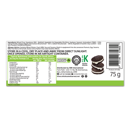 WHOLESOME HARVEST - Vanilla Cream Cookies No Sugar Added - 75g | One Life Health