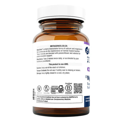 Metagenics Myocalm 60 tablets bottle — calcium, magnesium, passionflower and valerian formula