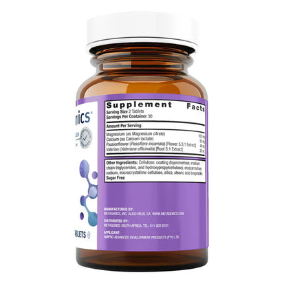 Metagenics Myocalm 60 tablets bottle — calcium, magnesium, passionflower and valerian formula