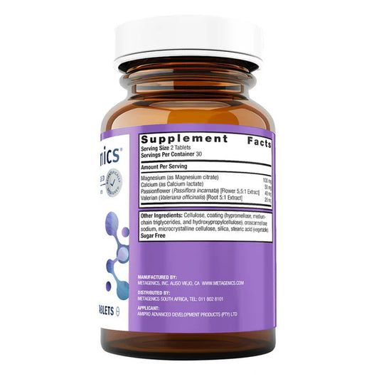 Metagenics Myocalm 60 tablets bottle — calcium, magnesium, passionflower and valerian formula
