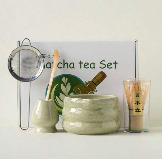 SHNOOKIE 5-piece matcha set with bowl, bamboo whisk, whisk holder, scoop, and stainless strainer