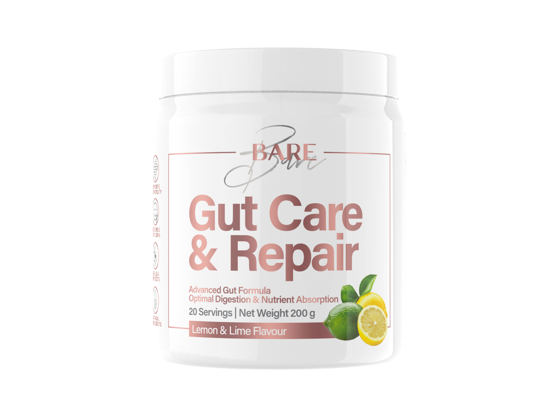 BARE Gut Care and Repair Lemon & Lime 200g powder tub for digestive health