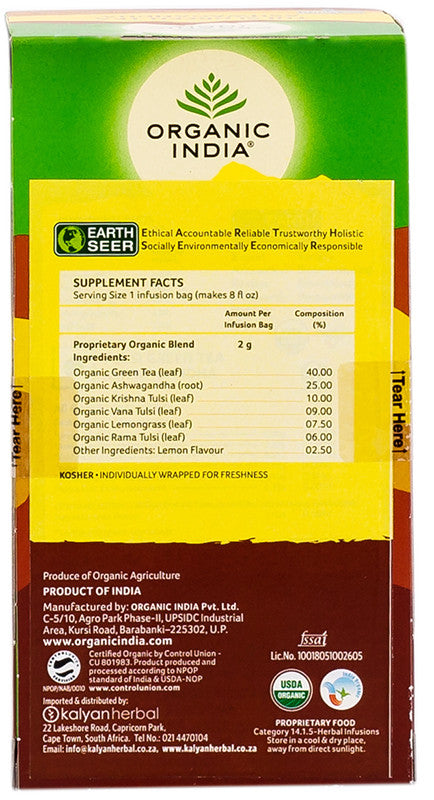 ORGANIC INDIA - Tulsi Green Tea Ashwagandha - 25 Tea Bags | One Life Health