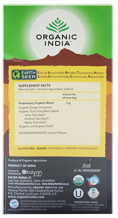 ORGANIC INDIA - Tulsi Lemon Ginger Tea - 25 Tea Bags | One Life Health
