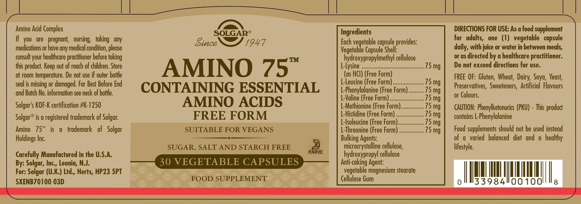 SOLGAR - Amino 75 Essential Amino Acids - 90 Vegetable Capsules | One Life Health