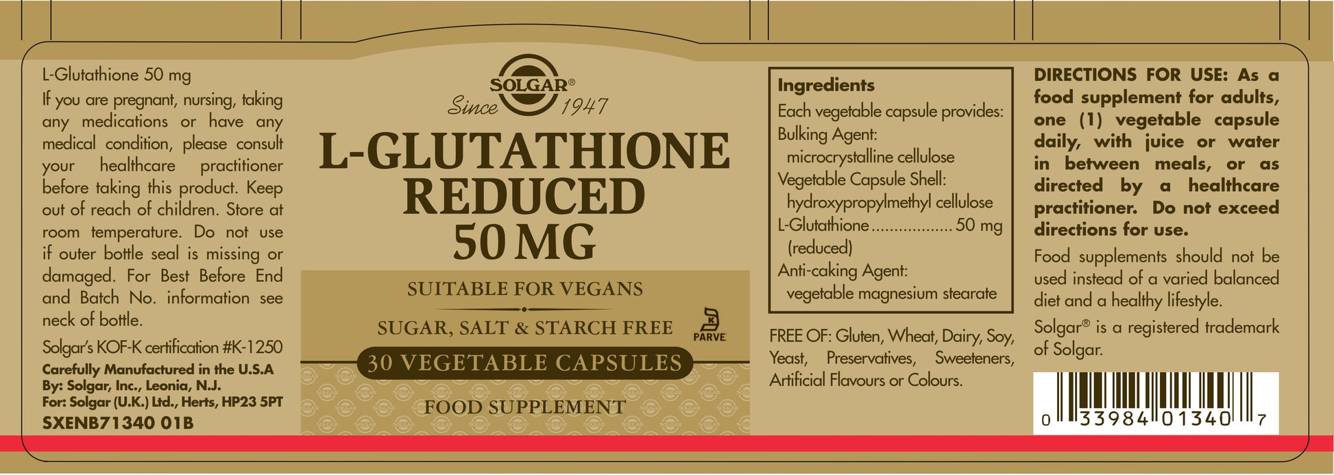 SOLGAR - L-Glutathione Reduced 50mg - 30 Vegetable Capsules | One Life Health