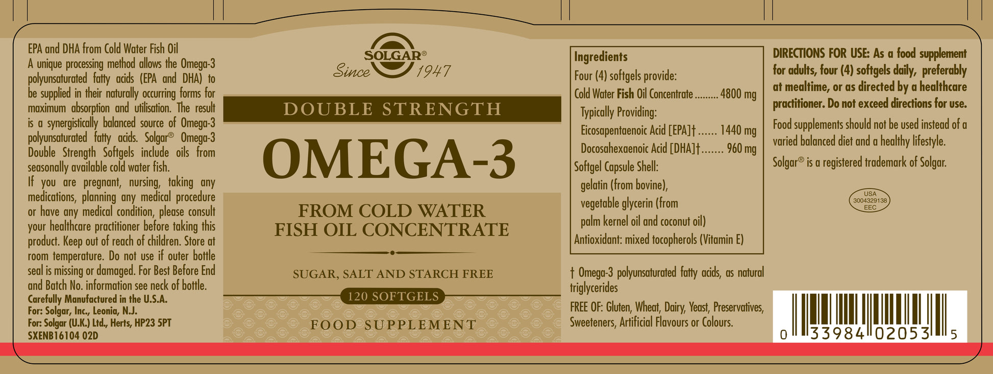 SOLGAR - Omega-3 Double Strength – 120 Softgels | One Life Health